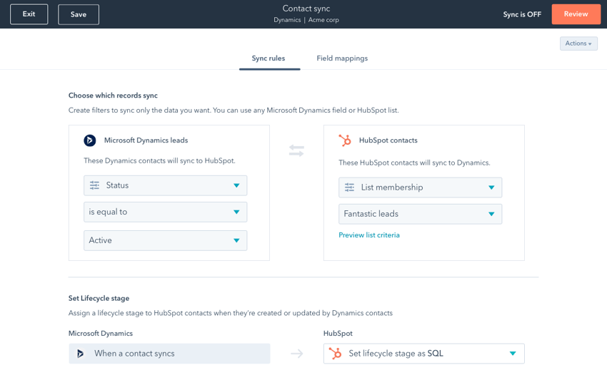 Screenshot of user syncing Microsoft Dynamics leads that have a status equal to active with HubSpot contacts that are in the fantastic leads list.