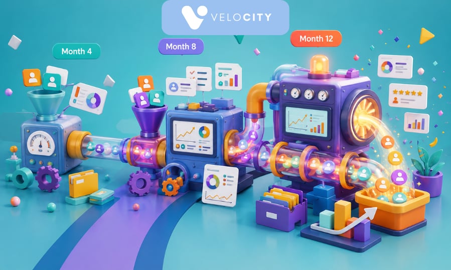 Pipeline engine maturity timeline showing B2B revenue milestones at month 4, 8, and 12